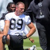 Las Vegas Raiders tight end Brock Bowers (89) warms up during Rookie Mini-Camp at the Raiders Headquarters/Intermountain Health Performance Center in Henderson Friday, May 10, 2024.