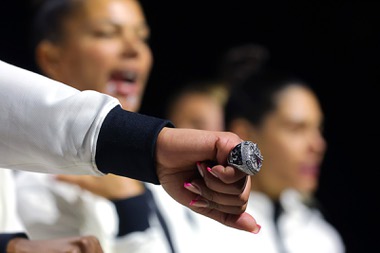 Las Vegas Aces center A’ja Wilson (22) shows off her championship ring during a ceremony before an WNBA basketball game against the Phoenix Mercury at Michelob Ultra Arena in Mandalay Bay Tuesday, May 14, 2024.