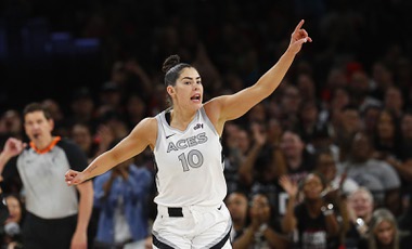 Las Vegas Aces guard Kelsey Plum (10) celebrates a basket against the Phoenix Mercury during the first half of an WNBA basketball game at Michelob Ultra Arena in Mandalay Bay Tuesday, May 14, 2024.