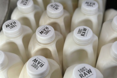 Bottles of raw milk are displayed for sale at a store in Temecula, Calif., on Wednesday, May 8, 2024. 