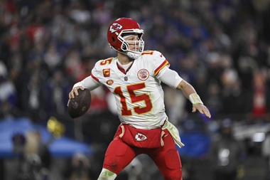 Kansas City Chiefs quarterback Patrick Mahomes (15) throws a pass during the second half of the AFC Championship NFL football game against the Baltimore Ravens, in Baltimore, Sunday, Jan. 28, 2024. The NFL announced Monday, May 13, that the Super Bowl champion Kansas City Chiefs will open the season at home against the Baltimore Ravens on Thursday, Sept. 5. The game is a rematch of the AFC championship game in January, which the Chiefs won 17-10 in Baltimore. 


