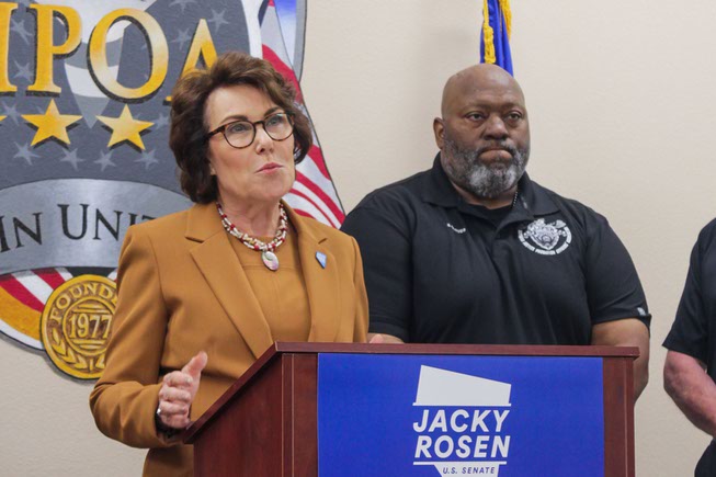 Senator Jacky Rosen and Shane Glover, retired peace officer, addresses members of the Henderson Police Officer Association after they endorsed her on May 17, 2024 at their headquarters in Henderson, Nevada.