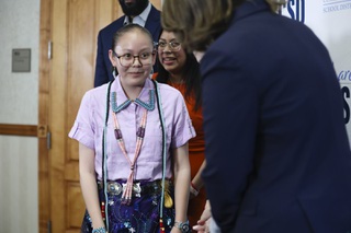 Kelly Yazzie, Cheyenne High School graduate and a member of the Navajo Nation, attends the Indian Education Opportunities Program senior celebration at UNLV Friday, May 17, 2024.