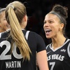 Las Vegas Aces forward Alysha Clark (7) congratulates guard Kate Martin (20) after a basket during the second half of an WNBA basketball game at Michelob Ultra Arena in Mandalay Bay Saturday, May 25, 2024.