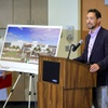 Clark County Commissioner Michael Naft speaks during a news conference and airport tour at the Henderson Executive Airport in Henderson Friday, May 31, 2024. Congresswoman Dina Titus, D-Nev., listens at left. Officials discussed a $9 million renovation and improvement project for the airport.