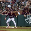 Texas A&M infielder Ted Burton (27) makes a catch at first for out in game two of the series between Arkansas and Texas A&M on Friday, May 17, 2024 at Blue Bell Park in College Station. (Meredith Seaver/College Station Eagle via AP)