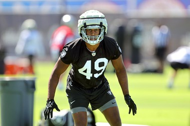 Las Vegas Raiders defensive end Charles Snowden (49) runs a drill during organized team activities (OTA) at the Raiders Headquarters/Intermountain Health Performance Center in Henderson Tuesday, June 4, 2024.