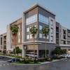 An artist’s rendering depicts the exterior of the completed Otonomus Hotel. Slated to open in February 2025, the property — a hybrid hotel-apartment complex — will be located on 13 acres at the corner of Russell Road and Decatur Boulevard, not far from Allegiant Stadium.
