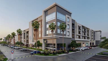 An artist’s rendering depicts the exterior of the completed Otonomus Hotel. Slated to open in February 2025, the property — a hybrid hotel-apartment complex — will be located on 13 acres at the corner of Russell Road and Decatur Boulevard, not far from Allegiant Stadium.