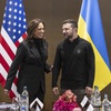 US Vice President Kamala Harris, left, is welcomed by Ukraine's President Volodymyr Zelenskyy during the Summit on peace in Ukraine, in Stansstad near Lucerne, Switzerland, Saturday, June 15, 2024. 