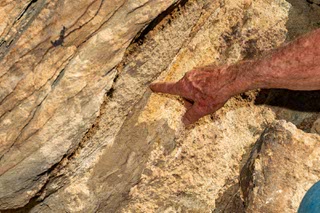 Steve Rowland, a geology professor with UNLV shows where the Great Unconformity is exposed, which represents about 1.2 billion years of missing history in Las Vegas, Nevada on Tuesday, June 25, 2024.