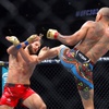 Light heavyweight champion Alex Pereira knocks down Jiri Prochazka with a head kick in the second round during UFC 303 at T-Mobile Arena Saturday, June 29, 2024. Pereira retained his title with a second-round TKO. STEVE MARCUS