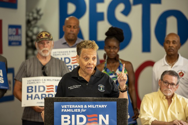 Nevada State Senator, and Army veteran, Pat Spearman gathers with fellow Nevada veterans to show their support for the Biden-Harris presidential campaign, Thursday July 11, 2024.
