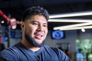 Troy Fautanu, an offensive tackle for the Pittsburgh Steelers, reponds to a question during an interview at IVI Performance gym Tuesday, July 16, 2024. Fautanu was an offensive and defensive lineman at Liberty High School in Henderson before playing for the University of Washington.