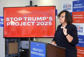 Nevada State Democratic Party Chair Daniele Monroe-Moreno, left, responds to a question from a reporter during a news conference at Clark County Democratic Party offices Friday, July 19, 2024. Speakers contrasted President Biden’s policies and the conservatives’ Project 2025.