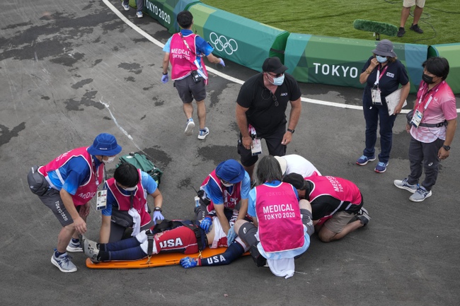 Medics prepare to carry Connor Fields, of the United States, away on a stretcher after he crashed in the men's BMX Racing semifinals at the 2020 Summer Olympics, Friday, July 30, 2021, in Tokyo. His injuries were numerous: torn shoulder ligaments, a torn bicep, broken ribs, a collapsed lung. But most serious was what was diagnosed as a subarachnoid hemorrhage and subdural hematoma — essentially, bleeding on the brain. 


