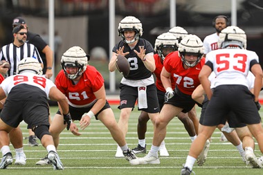 UNLV quarterback Matthew Sluka (3) takes a snap during football practice at the Fertitta Football complex Friday, Aug. 2, 2024.