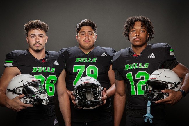 Members of the Slam! Nevada football team are pictured during the Las Vegas Sun's high school football media day at the Red Rock Resort on July 23, 2024. They include, from left, Alex Garcia, Carlos Valadez and Damien Neil.