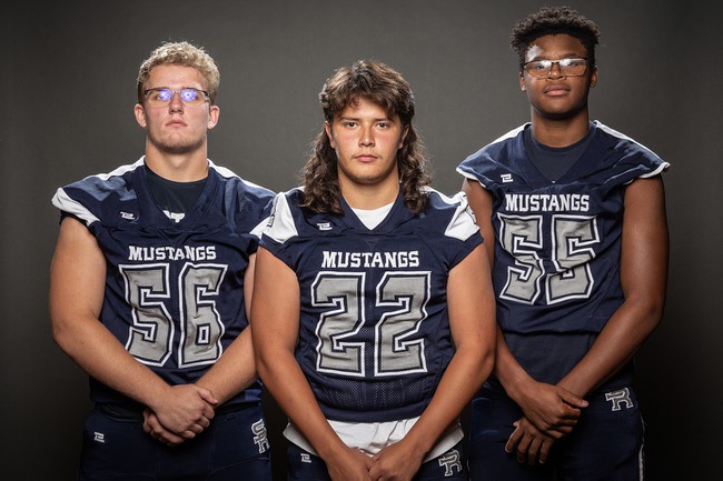 Members of the Shadow Ridge High School football team are pictured during the Las Vegas Sun's high school football media day at the Red Rock Resort on July 23, 2024. They include, from left, Jacob Dosch, Diego Madrid and Jamarion Whitson.