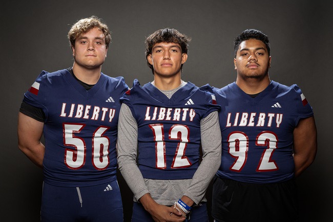 Members of the Liberty High School football team are pictured during the Las Vegas Sun's high school football media day at the Red Rock Resort on July 23, 2024. They include, from left, Derek Jones, Elijah Espinoza and Eliah Logo.