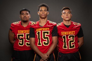 Members of the Somerset Losee Academy football team are pictured during the Las Vegas Sun's high school football media day at the Red Rock Resort on July 23, 2024. They include, from left, Pakshil Chadha, Kieran Daniel and RJ Olivieri.