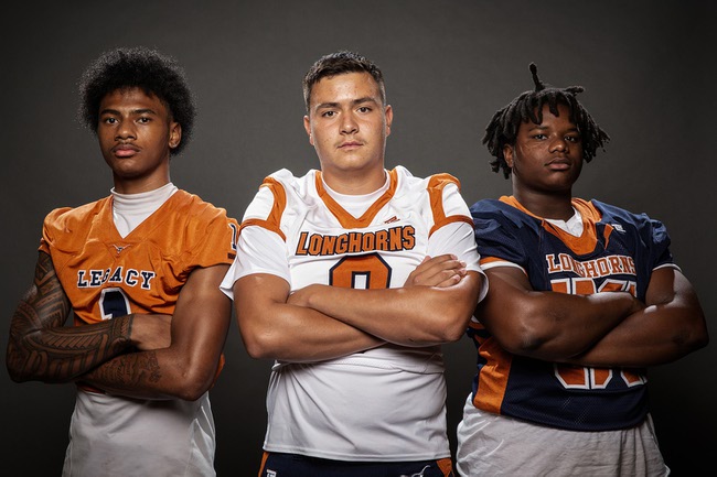 Members of the Legacy High School football team are pictured during the Las Vegas Sun's high school football media day at the Red Rock Resort on July 23, 2024. They include, from left, Dominic Oliver, Aidan Crawford and Tyrell Holloway.