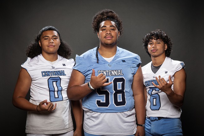 Members of the Centennial High School football team are pictured during the Las Vegas Sun's high school football media day at the Red Rock Resort on July 23, 2024. They include, from left, Saione Inoke, Alexander Inoke and Shaje Silva.