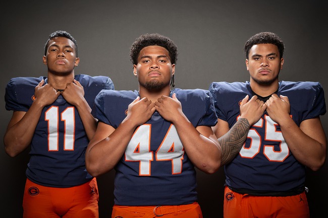 Members of the Bishop Gorman High School football team are pictured during the Las Vegas Sun's high school football media day at the Red Rock Resort on July 23, 2024. They include, from left, Landon McComber, Sione Motuapuaka and SJ Alofaituli.