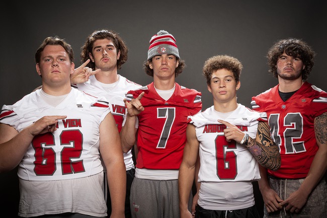 Members of the Arbor View High School football team are pictured during the Las Vegas Sun's high school football media day at the Red Rock Resort on July 23, 2024. They include, from left, Daniel Eagar, Zach Fares, Thadeus Thatcher, Jayden Williams and Christian Thatcher.