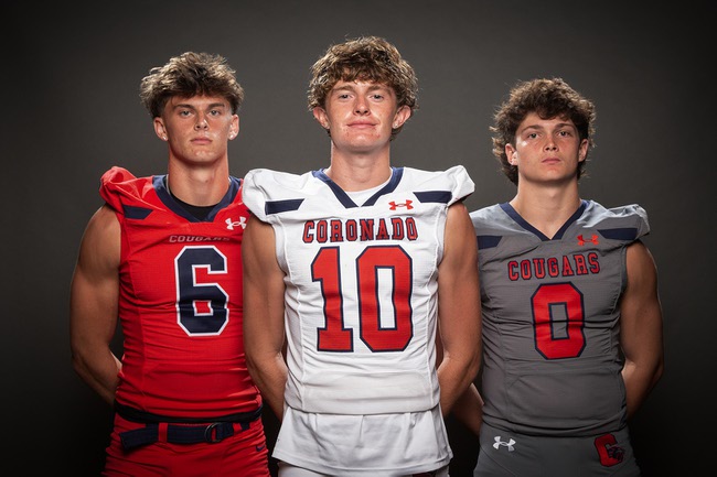 Members of the Coronado High School football team are pictured during the Las Vegas Sun's high school football media day at the Red Rock Resort on July 23, 2024. They include, from left, JJ Buchanan, Aiden Krause and Neville Roberts.