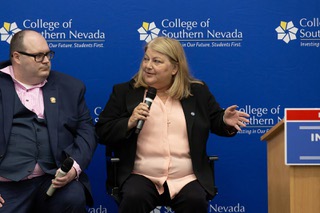 Debbie Banko, CEO of Link Technologies, speaks during a panel discussion with local cyber workforce professionals at College of Southern Nevada’s Cheyenne Campus Friday Aug. 9, 2024. At left is Paul Woodard, Cybersecurity Management with MGM International.