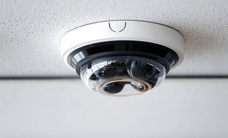 A security camera is shown during a media tour of Beam Hall at UNLV Tuesday, Aug. 13, 2024. The building reopened Tuesday almost one year after a man killed three professors and wounded another.