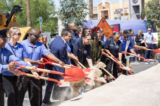 U.S. Secretary of Transportation Pete Buttigieg participates in the ceremonial groundbreaking of the Maryland Parkway Bus Rapid Transit Project alongside members of the Amalgamated Transit Union Local 1637 Monday Aug. 12, 2024.