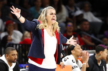 Las Vegas Aces head coach Becky Hammon calls out to players during the second half of an WNBA basketball game against the New York Liberty at Michelob Ultra Arena in Mandalay Bay Saturday, Aug. 17, 2024.