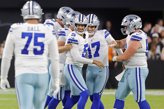 Dallas Cowboys kicker Brandon Aubrey (17) reacts after kicking a 66-yard field goal against the Las Vegas Raiders during the first half of an NFL preseason football game, Saturday, Aug. 17, 2024, in Las Vegas. (AP Photo/Steve Marcus)