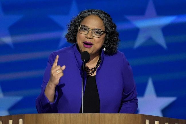 Mini Timmaraju, president and CEO of Reproductive Freedom for All, speaks during the Democratic National Convention Wednesday, Aug. 21, 2024, in Chicago. 

