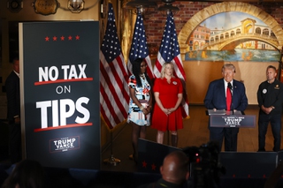 Republican presidential nominee former President Donald Trump, second from right, speaks during a campaign event at ll Toro E La Capra Friday, Aug 23, 2024, in Las Vegas.