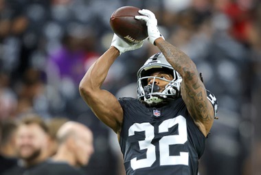 Las Vegas Raiders wide receiver Tyreik McAllister (32) makes a catch during warmups before an NFL preseason football game against the San Francisco 49ers at Allegiant Stadium Friday, Aug. 23, 2024.