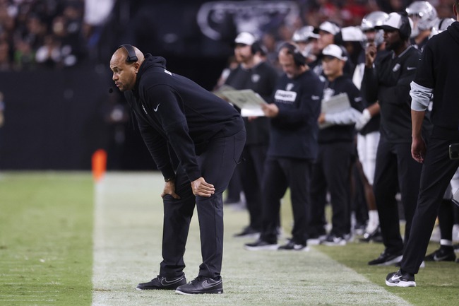 Las Vegas Raiders head coach Antonio Pierce watches from the sidelines during the first half of an NFL preseason football game against the San Francisco 49ers, Friday, Aug. 23, 2024, in Las Vegas.