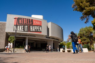 Students outside the Frank and Estella Beam Hall on the first day of fall semester classes at UNLV, marking the first time Beam Hall has been open to students since the Dec. 6 mass shooting in Las Vegas, Nevada on Monday, August 26, 2024.