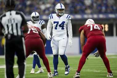 Indianapolis Colts defensive tackle Jonah Laulu (74) lines up on defense during an NFL football game against the Arizona Cardinals, Sunday, Aug. 16, 2024, in Indianapolis. The Colts defeated the Cardinals 21-13. 