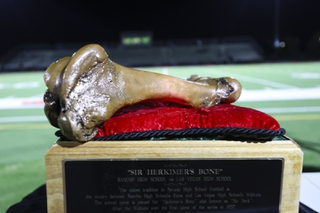 “Sir Herkimer’s Bone” is shown during the annual Bone Game against Las Vegas High at Rancho High School in North Las Vegas Friday, Aug. 30, 2024.