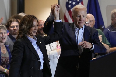 Democratic presidential nominee Vice President Kamala Harris and President Joe Biden arrive at a campaign event at the IBEW Local Union #5 union hall in Pittsburgh, on Labor Day, Monday, Sept. 2, 2024. 

