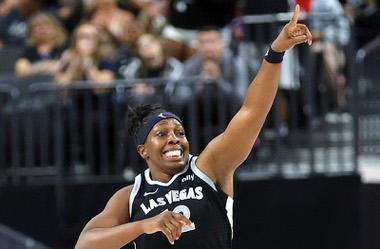 Las Vegas Aces guard Chelsea Gray (12) celebrates after scoring a basket against the Chicago Sky during the first half of an WNBA basketball game Tuesday, Sept. 3, 2024, in Las Vegas.