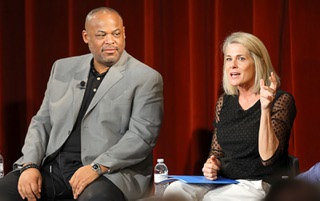 Tina Quigley, right, president and CEO of the Las Vegas Global Economic Alliance, responds to a question during a community discussion on developing a stand-alone children’s hospital in Southern Nevada at UNLV Wednesday, Sept. 4, 2024. Vance Farrow, healthcare industry specialist at the Nevada Governor’s Office of Economic Development, listens at left.