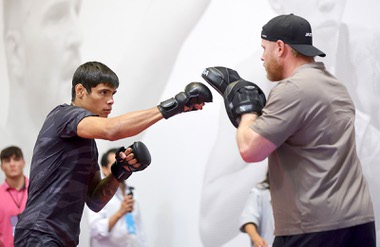 UFC lightweight fighter Daniel Zellhuber works on his timing with head coach Eric Nicksick during an open workout at UFC Apex Wednesday, Sept. 4, 2024. Zellhuber is scheduled to fight against Esteban Ribovics in UFC 306: Riyadh Season Noche at The Sphere on Saturday, Sept.14, 2024.