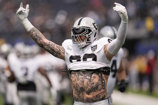 Las Vegas Raiders defensive end Maxx Crosby warms up before an NFL football game against the Los Angeles Chargers, Sunday, Sept. 8, 2024, in Inglewood, Calif.