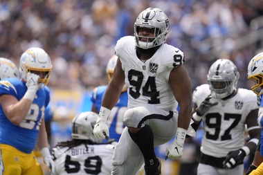 Las Vegas Raiders defensive tackle Christian Wilkins (94) reacts during the first half of an NFL football game against the Los Angeles Chargers, Sunday, Sept. 8, 2024, in Inglewood, Calif. 
