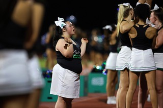 Green Valley High School cheerleader Gigi Hutchison-Martinez performs during the Henderson Bowl, an annual high school football game between Basic and Green Valley high schools, at Basic Friday, Sept. 6, 2024.