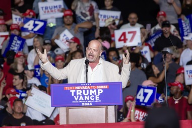 Rick Harrison of Pawn Stars speaks to Trump supporters during a campaign rally at The Expo at World Market Center in Las Vegas Friday Sept. 13,&nbsp;2024.